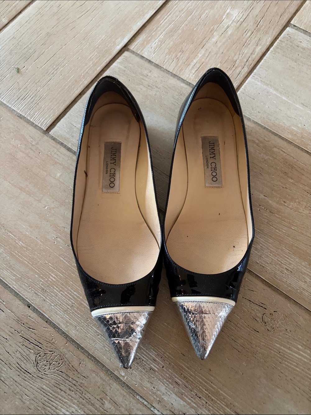 Jimmy Choo Black Patent Flats with Silver Snakeskin-Textured Pointed Tips